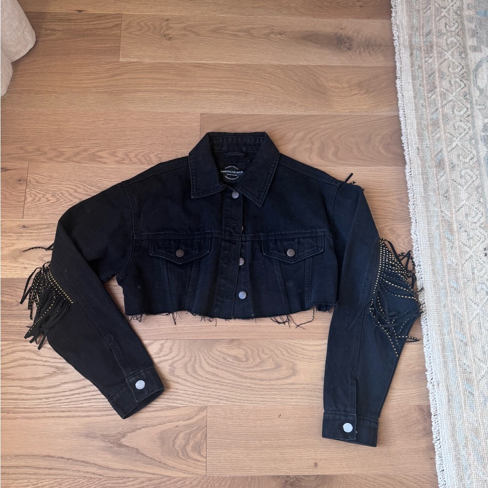 NWOT American Bazi Cropped Black Denim Jacket with Fringe and Studs